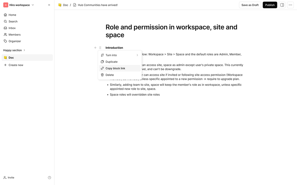 D10 editor with the block menu open on Copy block link