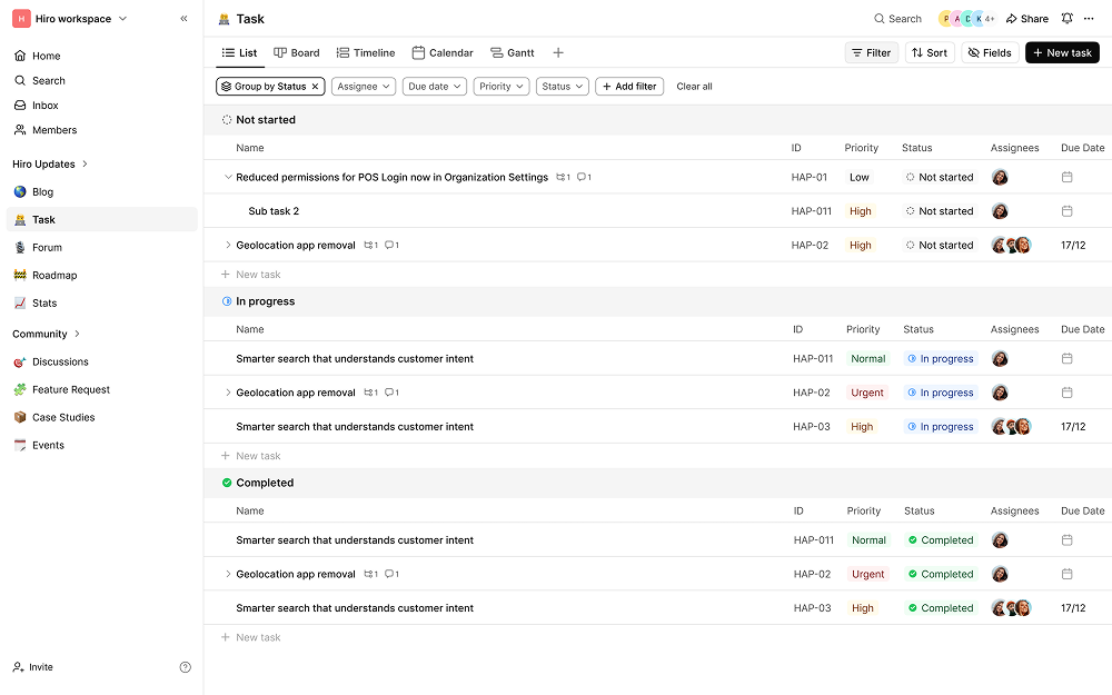 Task list view grouped by status with filters