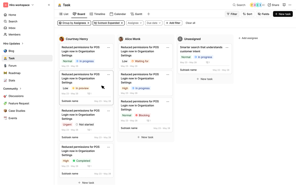 Board view grouped by assignee with expanded subtasks