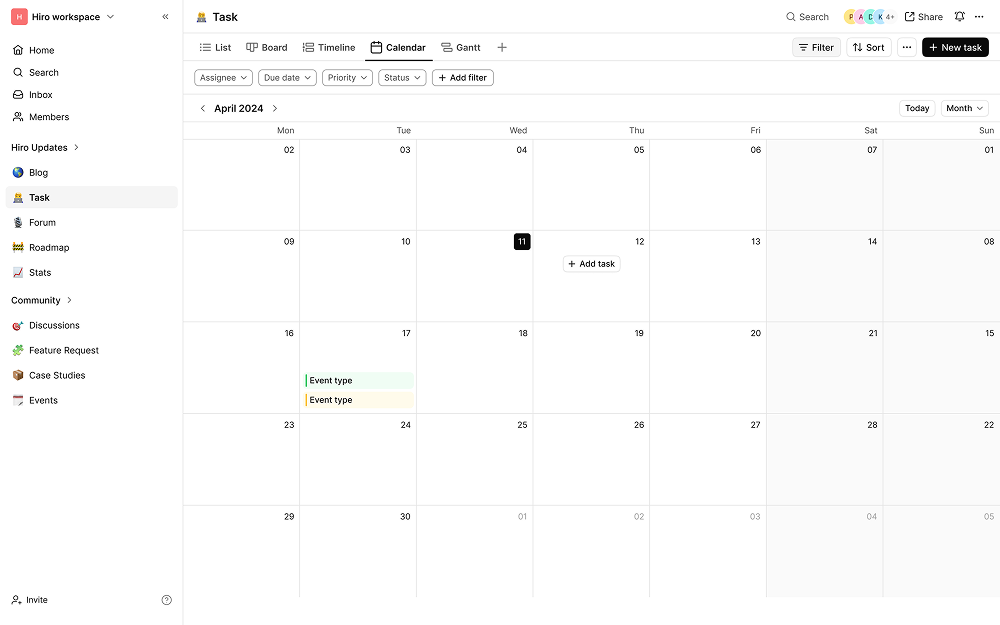 Calendar view of tasks for April