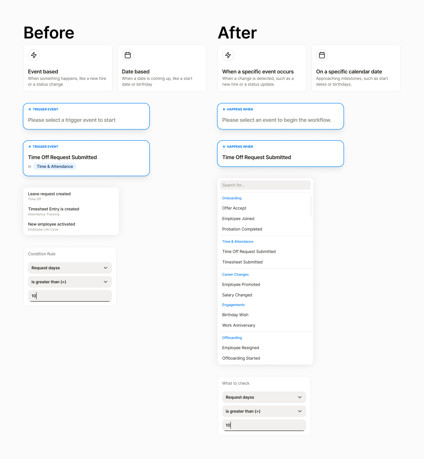 Workflow builder using HR-native prompts grouped by scenario