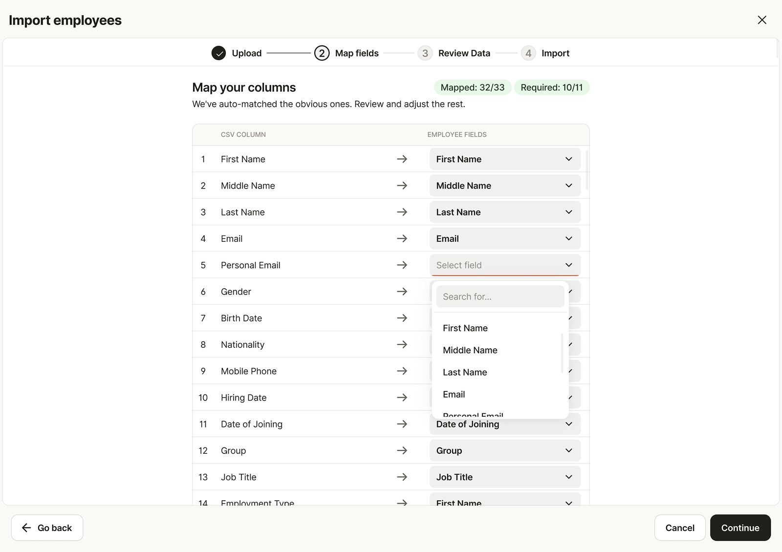 Smart Onboarding form builder with employee fields in the setup panel